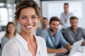 Poster - Professional woman smiling in modern office during team meeting