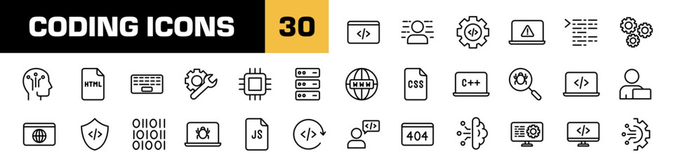 coding icons. code line icon set. isolated programming vector set. line icon programmer sign.