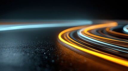 Poster - A blurry image of a road with orange and blue lines. The image has a futuristic and abstract feel to it