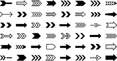 Collection of various black arrow designs pointing right on a white background vector art