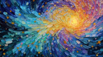 Poster - A colorful swirl of shapes and dots that resembles a spiral galaxy. The colors are bright and vibrant, creating a sense of movement and energy. The piece seems to be a work of abstract art