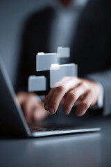 Poster - A professional uses a laptop with floating file icons, symbolizing digital management, data organization,  efficient workflow. Ideal for tech, business,  IT concepts.