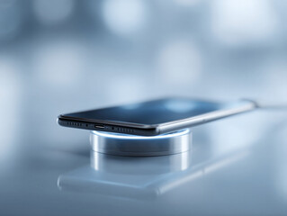 Poster - Sleek smartphone charging wirelessly on a pad with a futuristic blue glow. Represents modern technology, innovation, and convenience. Ideal for tech and lifestyle content.