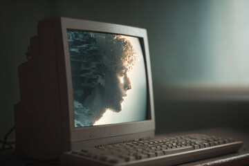 Poster - Vintage monitor displaying a pixelated human profile. Conceptual image illustrating technology, artificial intelligence, or digital identity. Use for tech articles.