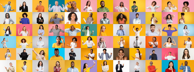 Poster - A dynamic collection showcases diverse individuals with unique hairstyles, clothing, and smiles, conveying a sense of unity and celebration. The colorful backdrop adds vibrancy to their lively poses.