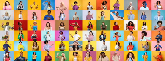 Poster - A vibrant collection features a variety of people expressing joy and lifestyle. Each portrait highlights diversity, representing different backgrounds and emotions against colorful backdrops.