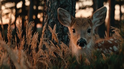 Canvas Print -   A sharp image of a deer amidst tall blades of grass and beside a tree with a hazy backdrop