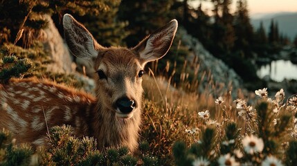 Canvas Print -   A close-up of a deer amidst a sea of green grasses and vibrant blossoms, surrounded by tall trees, with a serene lake in the backdrop