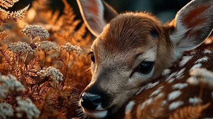 Canvas Print -   A deer lying in a tall grass field with a bug in its mouth