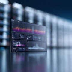 Poster - Modern monitor displaying data visualizations, charts,  graphs. Represents technology, analysis, information,  progress. Great for tech or business concepts.