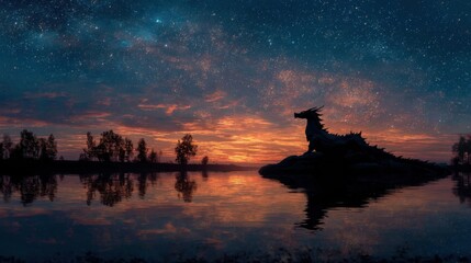 Wall Mural - A dragon is sitting on a rock in front of a lake with a beautiful sunset in the background