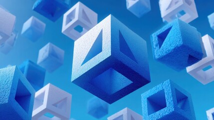 Poster - A group of blue and white cubes are floating in the air, with the blue cubes being larger than the white cubes. The cubes are arranged in various sizes and positions, creating a dynamic