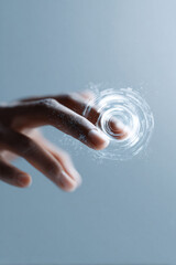 Poster - Human hand touching glowing interface. Concept of future technology, artificial intelligence, interactive screen. Ideal for digital media, innovation visuals.