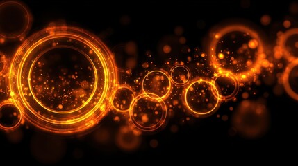 Poster - A series of circles in orange and black with a blurry background. The circles are all different sizes and are scattered throughout the image. Scene is energetic and dynamic