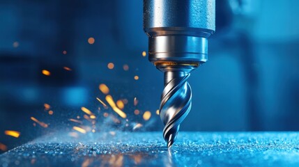 Poster - A metal drill bit is being used to cut into a piece of metal. Concept of precision and focus, as the drill bit is being used to create a clean, precise cut