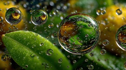 Wall Mural -   Close-up shot of water droplets on a green plant with yellow flowers in the background