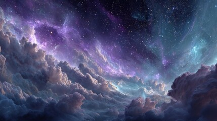 Wall Mural - a beautiful night sky with a purple and blue cloud. the sky is filled with stars and the clouds are 