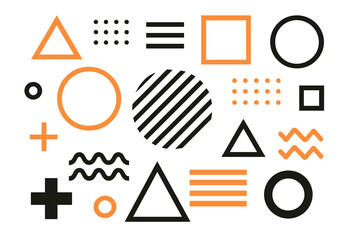 Fototapete - A set of geometric abstract elements in Memphis style is offered, comprising bold constructivism graphics with funky touches, perfect for creating posters and flyers, and including vector yellow and