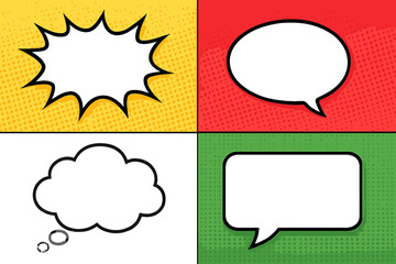 Poster - Vector illustration in pop art style depicting a vibrant comic book background with assorted blank white speech bubbles and special effects like rays, radial, halftone, and dotted patterns