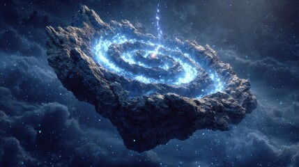 Wall Mural - a blue and white space with a large rock in the middle. the rock is surrounded by a spiral of blue a
