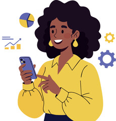 Poster - Woman using smartphone with business charts and gears illustration in yellow shirt vector 