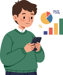 Poster - Young man analyzing data charts on smartphone with colorful graphs vector illustration 