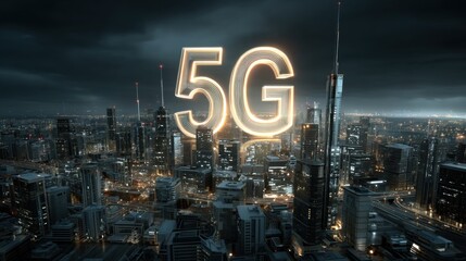 Poster - A city skyline with the letters 5G glowing in the sky. The city is lit up at night, giving it a vibrant and energetic atmosphere