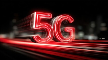 Poster - A red and black 5G sign is lit up in the night sky. The sign is surrounded by a blurry background, giving the impression of a fast-moving object