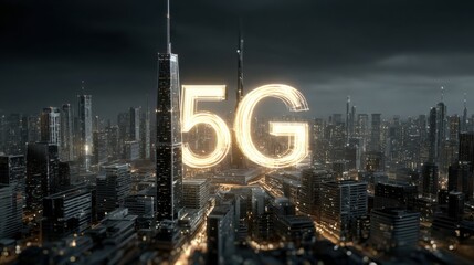 Poster - A city skyline with a large building in the background and the word 5G written in neon letters