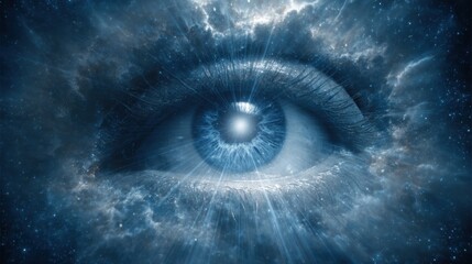 Wall Mural - a blue eye with a bright light shining through it. the eye is surrounded by a cloudy sky, giving the