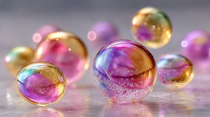 Wall Mural - a cluster of vibrant glass orbs resting atop a silver base with droplets of water adorning them