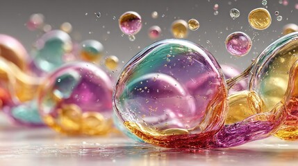 Wall Mural - a collection of colorful bubbles hovering above a white background, adorned with droplets of water