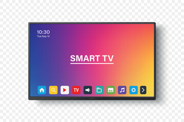 vector 3d realistic smart tv interface with apps on screen. flat smart television mockup with remote