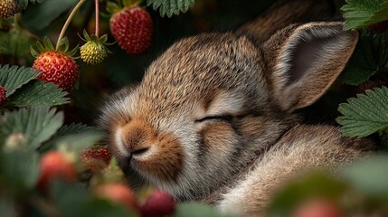 Canvas Print -   Bunny naps in bush surrounded by strawberries