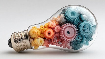 Poster - A unique light bulb is filled with vibrant, interlocking gears in various colors. The gears symbolize creativity and innovation while showcasing intricate craftsmanship and design.