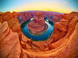 Horseshoe Bend Colorado River Canyon at Sunset Aerial Fly Through