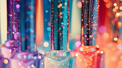 Poster - Vibrant display of colorful nail polish bottles sparkling under bright lights in a modern beauty store atmosphere