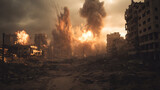 Multiple explosions devastate a city under dark skies, capturing the chaos and destruction of all-out urban warfare.


