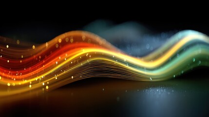 Poster - Bright waves of colored light flow gracefully across a dark background, creating an enchanting atmosphere. Faint glimmers enhance the artistic experience.