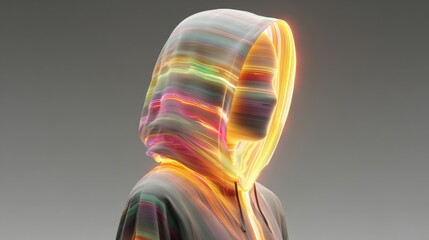 Poster - A figure cloaked in a vibrant, glowing hoodie stands against a smooth, neutral background. The ethereal light emanates from the attire, creating a captivating atmosphere.