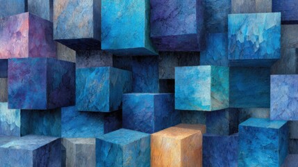 Poster - An array of textured blue cubes is stacked and arranged in an abstract design, highlighting various shades and surface details that create depth and visual intrigue throughout the composition.