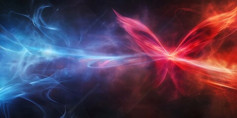 Poster - 
Abstract Red and Blue Energy Beam Swirling Through Smoke. A futuristic and dynamic abstract scene.

