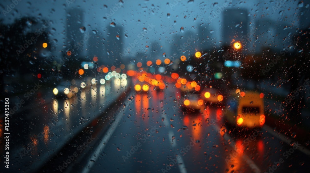 A blurry shot of a busy city street with cars and a yellow cab. The ...