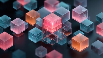 Fototapete - A colorful image of many cubes in various colors. The cubes are arranged in a way that creates a sense of depth and dimension. The image conveys a feeling of creativity and playfulness