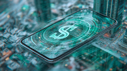 Poster - Smartphone displaying glowing dollar sign, futuristic city backdrop.  Represents mobile finance, digital currency, online banking