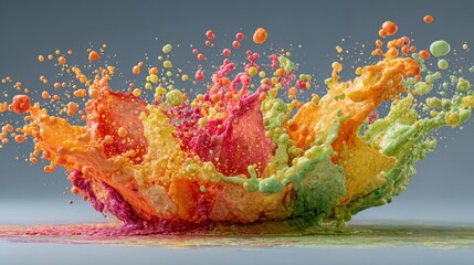 Poster - Bright splashes of orange, pink, green, and yellow liquid erupt in a stunning display, capturing the essence of energy and creativity against a neutral background.