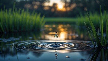 Poster - Water Drop Creating Ripples on Pond Surface at Golden Hour