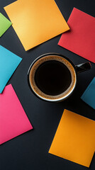 Poster - A cup of black coffee with colorful paper coasters arranged in the shape of an angle on a dark background, top view