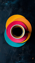 Poster - A cup of black coffee with colorful paper coasters arranged in the shape of an angle on a dark background, top view