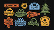 © cddesign.co - Outdoor adventure badge set featuring camping quotes and forest illustrations. Perfect for t-shirt designs, stickers, travel gear, or hiking-themed merchandise.